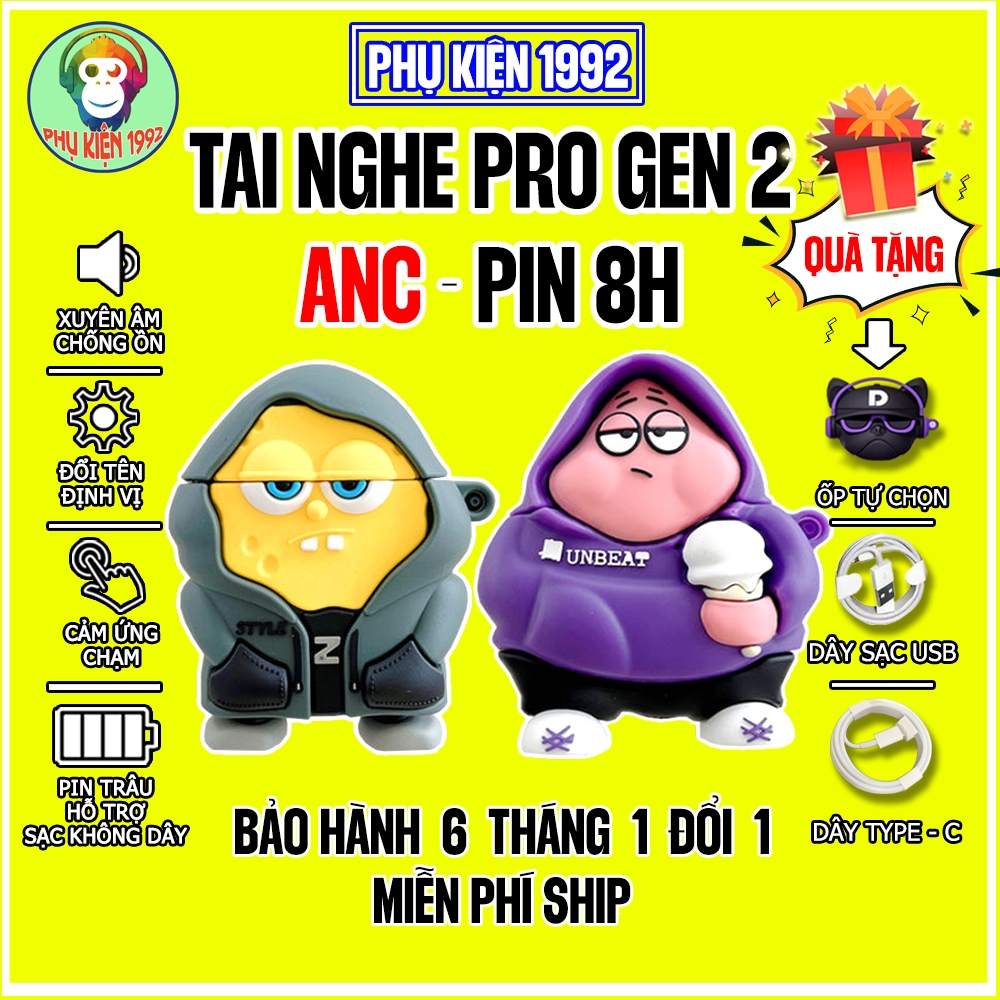 ANC - PIN 8H - Tai Nghe Pro Gen 2 bản ANC  - Tặng Ốp- Tặng Cáp USB- Pin Trâu 8H