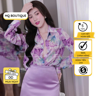 Áo lụa sơ mi nữ dài tay cao cấp công sở họa tiết hoa tím sang trọng lịch sự, áo sơ mi họa tiết hiết kế MQ Boutique