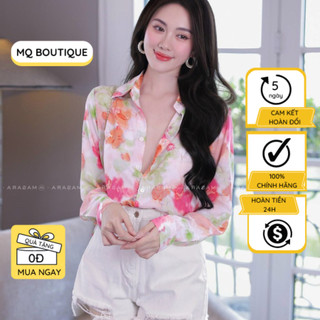 Áo lụa sơ mi nữ dài tay họa tiết lá hoa hồng vàng cam dáng cơ bản thiết kế cao cấp, áo sơ mi thiết kế MQ Boutique