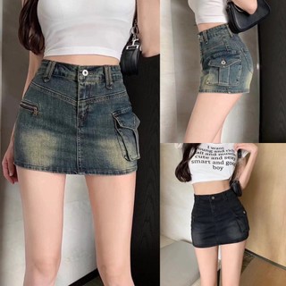 Chân váy jeans ngắn chữ A lưng cao, váy bò túi hộp sườn khóa kèm ảnh thật