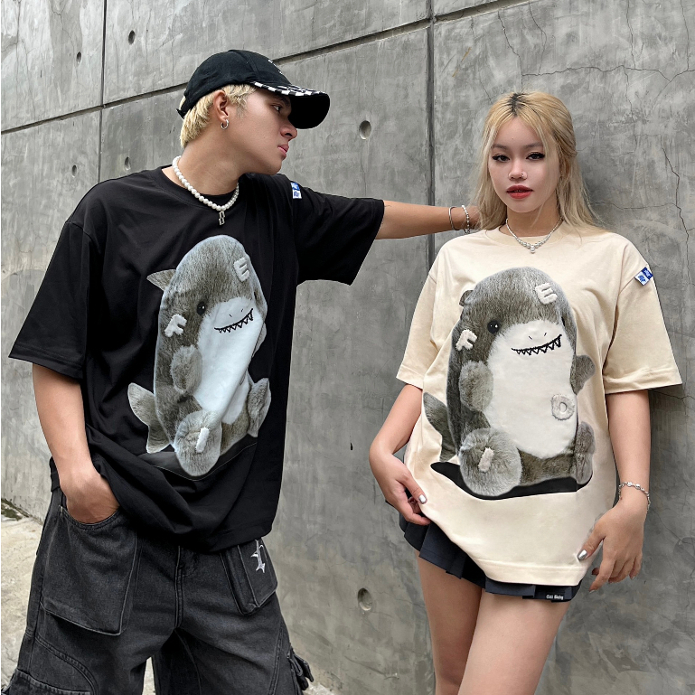 Áo Thun Fide Ịn Hình Cá Mập Form Rộng Tay Lỡ Vải Cotton 4 Chiều Co Dãn Mặc Mát Phù Hợp Nam Nữ