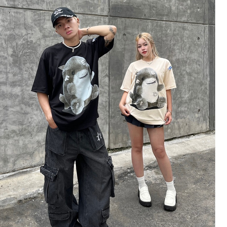 Áo Thun Fide Ịn Hình Cá Mập Form Rộng Tay Lỡ Vải Cotton 4 Chiều Co Dãn Mặc Mát Phù Hợp Nam Nữ