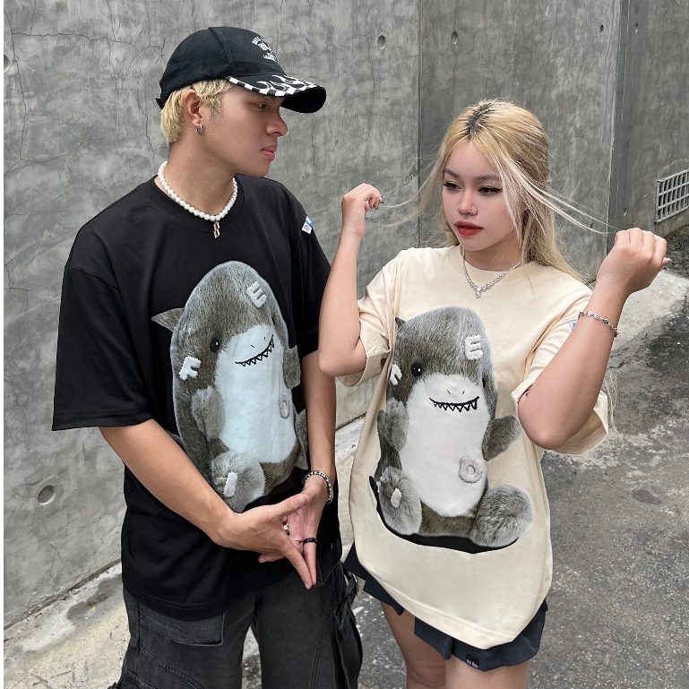 Áo Thun Fide Ịn Hình Cá Mập Form Rộng Tay Lỡ Vải Cotton 4 Chiều Co Dãn Mặc Mát Phù Hợp Nam Nữ