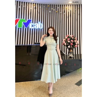 Đầm liền nữ, DL4050, chất đũi hàn lót lụa, tay lỡ, cổ tròn đính 2 lá cách điệu, cô nàng VTV, thiết kế hãng CREME