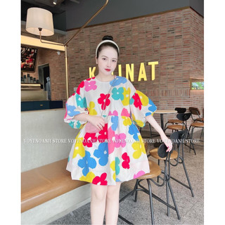Đầm babydoll hoa cổ bèo siêu dễ thương phối cổ bèo màu vàng tiểu thư, Đầm babydoll cổ bèo họa tiết trái tim siêu dễ th