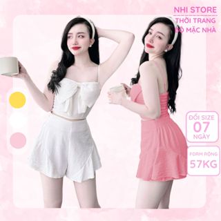Set Bộ Kiểu Nhistore Quần Short Bèo Ống Rộng Áo Croptop 2 Dây Cúp Ngực Freesize Dưới 57kg