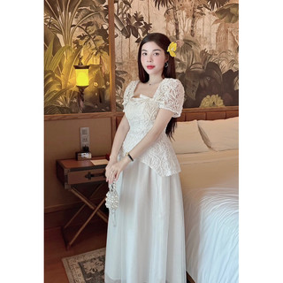 Set áo ren thêu tay phồng peplum nơ + chân váy lưới midi