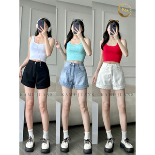 Quần short jean nữ lưng cao ống rộng hack dáng có bigsize