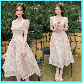Váy hoa nhí cổ vuông dáng dài tôn eo - XU XU SHOP - Đầm hoa dáng xòe vải voan mềm mát cho mùa Hè - ẢNH THẬT