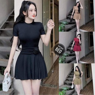 Đầm xoè phom ngắn cổ tròn đính hoa kèm quần lót trong chất thun gân co giãn thích hợp mặc đi tiệc đi làm đi chơi