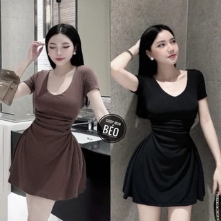 Đầm xoè phom ngắn cổ v có dây kéo sau kèm quần lót trong chất thun gân thái co giãn thích hợp mặc đi tiệc đi làm đi chơi