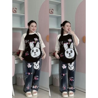 BIGSIZE HIẾU HIẾU (55-95KG) - Set áo thun tay ngắn kèm quần jeans suông dài in hình dễ thương