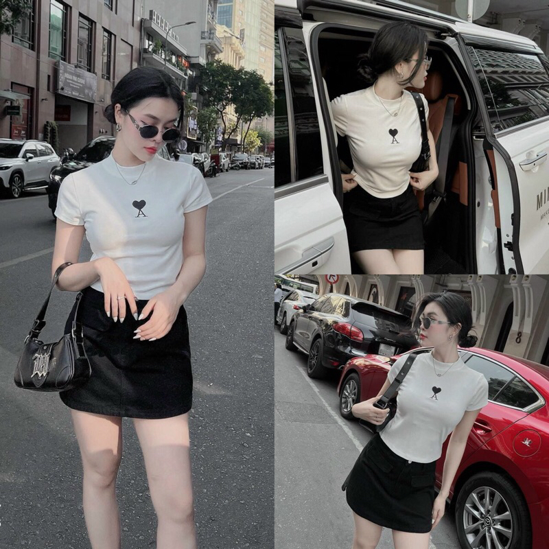 áo thun nữ croptop thêu hình trái tim. chất cotton mềm mại