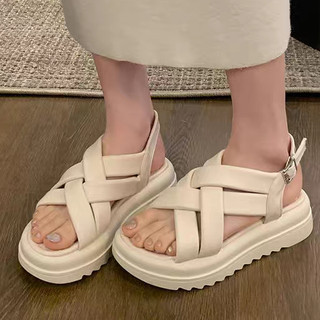  Giày sandal nữ mã RC ĐAN SD quai đan xoắn chéo da phồng mới hè thời trang hot trend đế bằng nâng cao 5cm mũi tròn