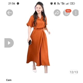 Đầm trung niên công sở dáng xòe cổ sơ mi tay lỡ màu cam bo eo thanh lịch