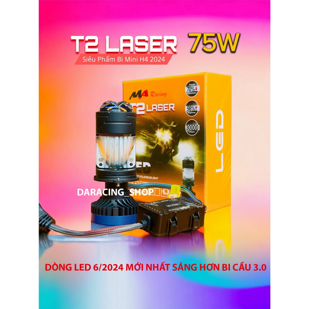 Pha led mini T2 LASER TÂM VÀNG  Maracing chân H4 75W lắp oto, xe máy siêu tiết kiệm