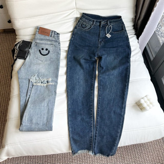 Quần jean nữ dáng ôm skinny thêu hình mặt cười dáng 9 tấc