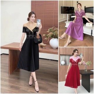 Đầm xòe lụa dập ly cổ vest phối màu sang trọng - Váy công sở cao cấp