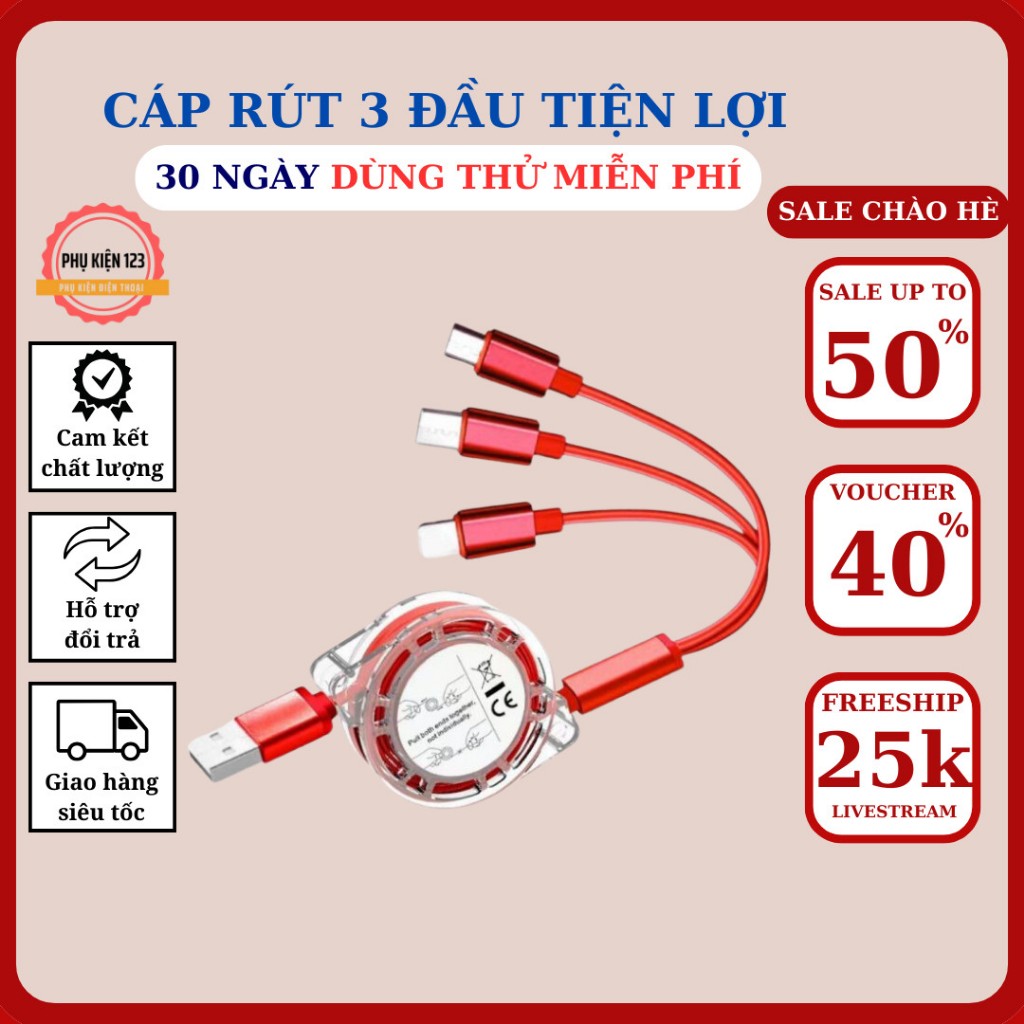 Dây sạc đa năng 3 đầu tiện dụng đầu sạc tương thích  LN,TYPE C,MICRO chống rối