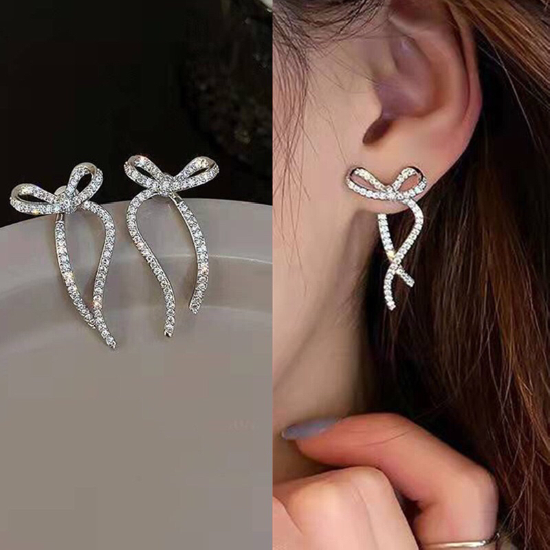 Bông tai nơ đính đá phong cách tiểu thư, đáng iu Hàn Quốc - BT043