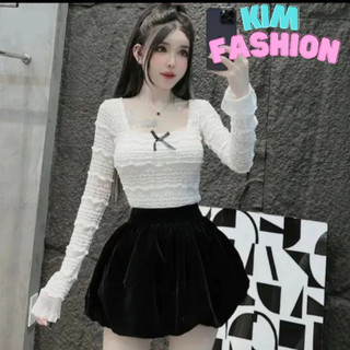 Áo croptop thiết kế dáng tay dài cổ vuông  đính nơ cực dễ thương Kim Fashion, Áo kiểu nữ ôm body phong cách tiểu thư