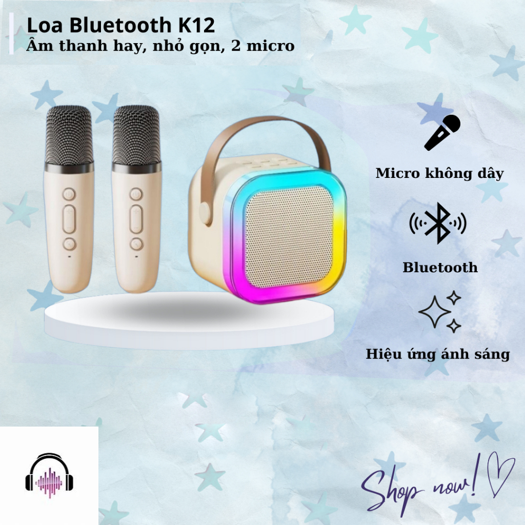 Loa bluetooth karaoke mini Kinyo K12 tặng kèm 2 mic,loa karaoke không dây âm thanh bass hay cùng đèn led có BH