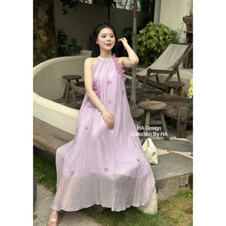Váy cổ yếm maxi tơ đính hoa laze HA - Sale