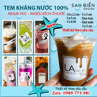 Combo 50 tem nhãn dán kháng nước 100% - tem dán ly / chai cà phê, trà sữa nhiều kích thước. sao biển design, sao biển