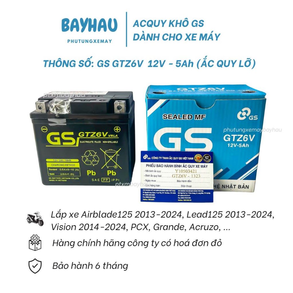 [Chính Hãng] Ắc Quy Khô GS GTZ6V Airblade125 2013-2024, Lead125 2013-2024, Vision 2014-2024, PCX, Grande, Acruzo, ...