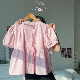 Áo sơ mi kiểu nữ, Áo sơ mi kiểu babydoll xếp ly nút hoa "TINY" dễ thương xinh xắn