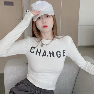 áo thun nữ cổ tròn in chữ change tay dài croptop sl