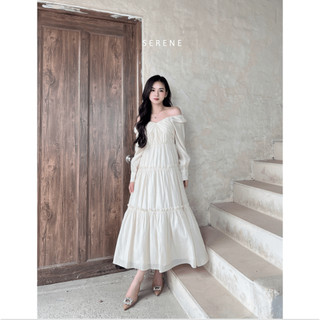 Váy xếp VA-21635 dáng dài hở vai tay phồng dịu dàng by Serene