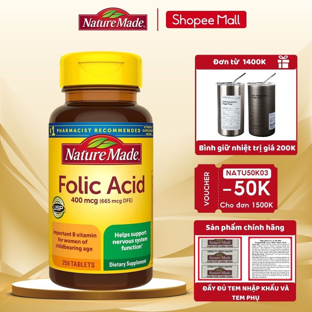 Axit Folic cho bà bầu Nature Made Acid Folic 400mcg 250 viên của Mỹ giúp