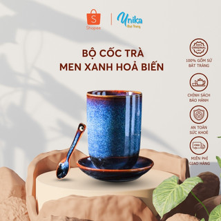 Bộ Cốc Trà Men Xanh Hoả Biến (cốc +đĩa + thìa) - Gốm Sứ Cao Cấp Bát Tràng