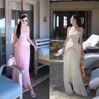 Set áo peplum hai dây smocking kèm chân váy midi