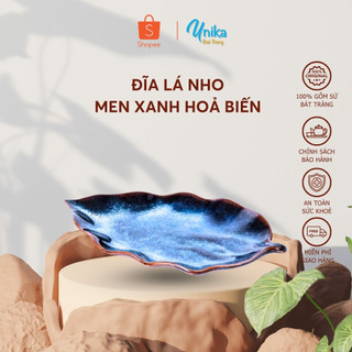 Đĩa lá nho men xanh hoả biến 25x13cm