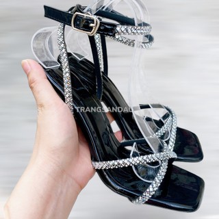 Sandal dây đá mũi vuông 9 phân (đen)