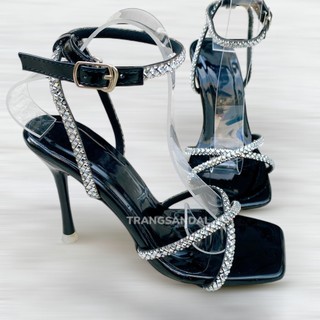 Sandal dây đá mũi vuông 9 phân (đen)
