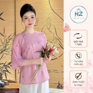 Bộ áo dài đi lễ chùa thiết kế dáng ngắn chất tơ thêu hoa 4 tà