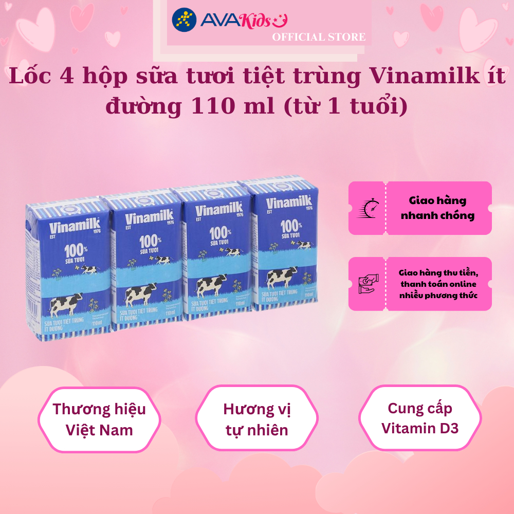 Lốc 4 hộp sữa tươi tiệt trùng Vinamilk ít đường 110 ml (từ 1 tuổi)