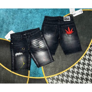 Quần short jean nam thêu lá phông, quần jean đùi rách xướt co dãn thoải mái