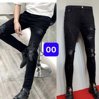 Quần jean dài nam vá da, quần jean đen rách xướt chất demi co dãn thoải mái