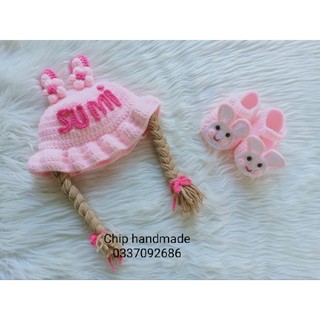 Set mũ, nón giày thỏ hồng thêu tên miễn phí cho bé