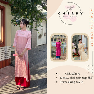 Áo dài dáng suông gấm tơ tà cách tân cổ 2p tay loe dễ mặc 2 màu tôn da - Áo dài Cherry