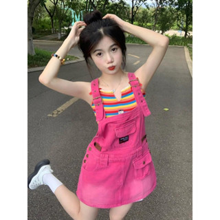  sẵn-Yếm jean dáng ngắn màu hồng đậm dễ thương phối túi hộp- váy yếm denim ngắn cho nữ 