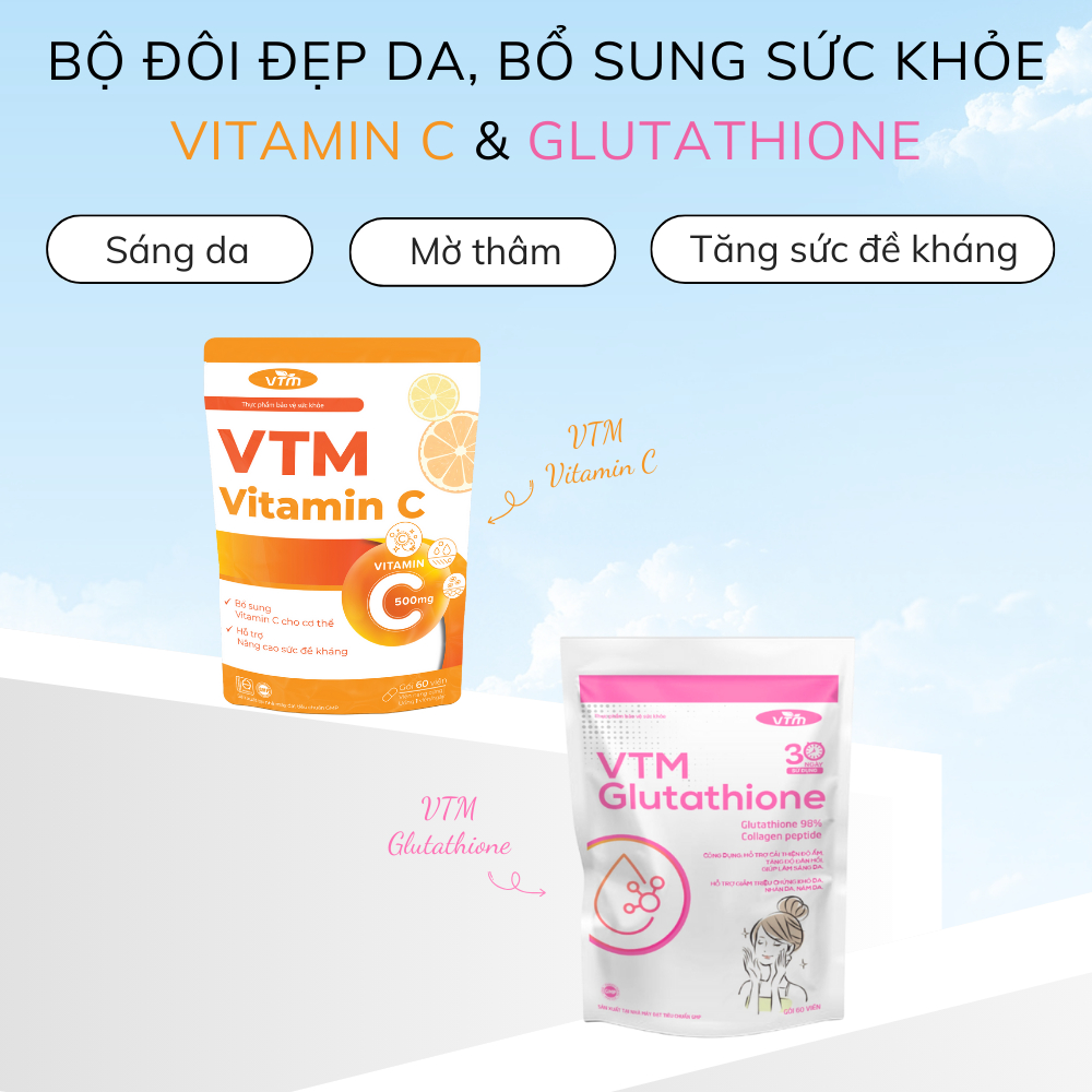 Combo viên uống VTM Glutathione, Vitamin C hỗ trợ làm trắng da, mờ thâm tăng cường sức đề kháng