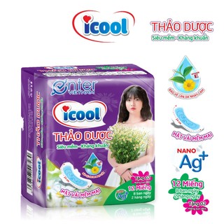 Băng vệ sinh ICOOL thảo dược tím mới gói 12 miếng BVS có cánh mặt vải siêu mềm {1 dây gồm 8 gói}