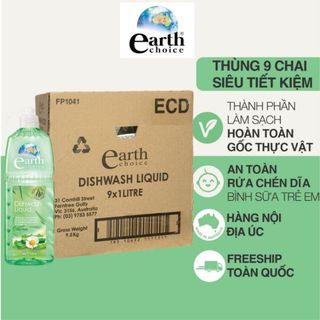 Thùng 9 chai nước rửa chén EARTH CHOICE Úc an toàn cho da nhạy cảm, Chiết Xuất Nha Đam 1L - SP hữu cơ, thuần chay