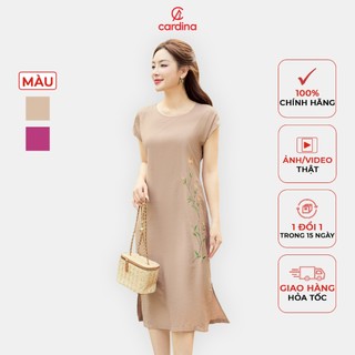Đầm nữ CARDINA chất liệu đũi bamboo dáng suông thêu hoa dây nhã nhặn lịch sự thanh lịch 4VSL08