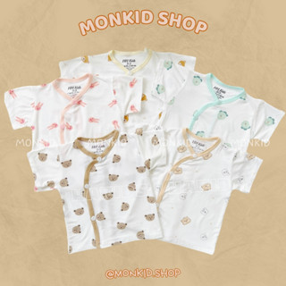 Combo 5 áo cộc sơ sinh trắng hoạ tiết, thiết kế cúc chéo, chất thun lạnh, mềm, mát, thấm hút mồ hôi